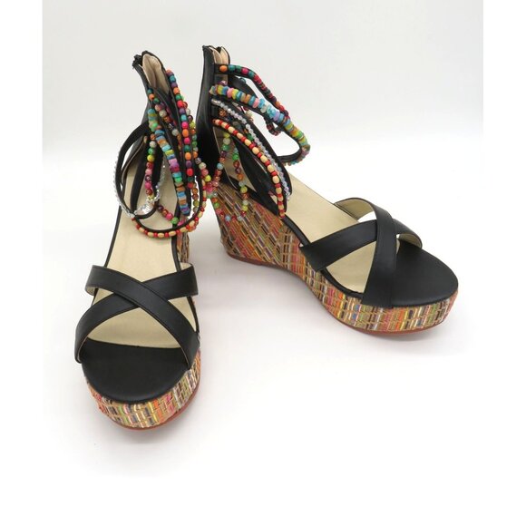 Get More Beauty Women's Black Wedge Sandals Multicolor Beaded Straps 10 NEW - Picture 6 of 7